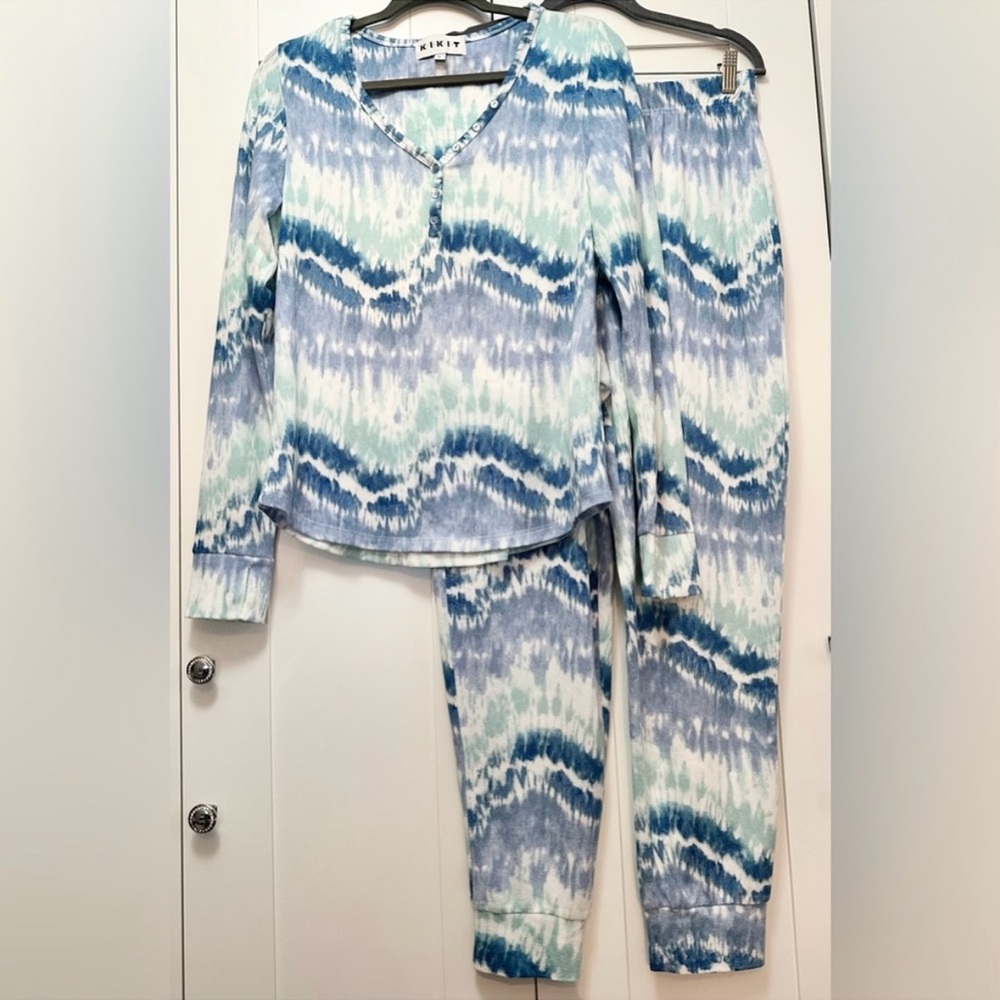 Women’s Pajama Set Blue and White Jogger Cuff Ankle Pants Sz LG